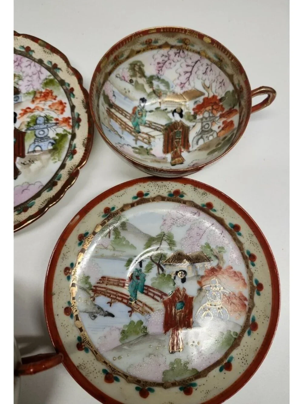 Japanese Moriage Porcelain Teacup & Plate Set Hand Painted Gorgeous Gold Gilt Vi